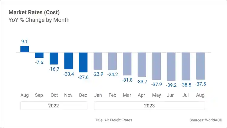 Bar chart showing the air freight market rates as a year over year percentage by month since June 2022 through August 2023.