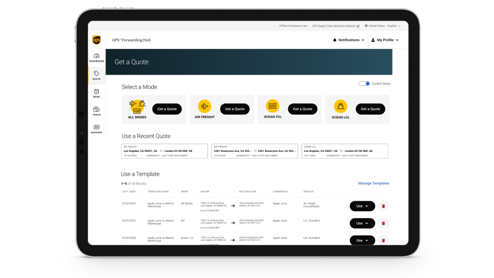 Tablet showing the UPS Forwarding Hub Portal 