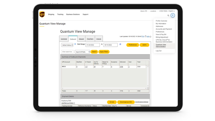 顯示 Quantum View Manage Tracking 門戶網站的平板電腦